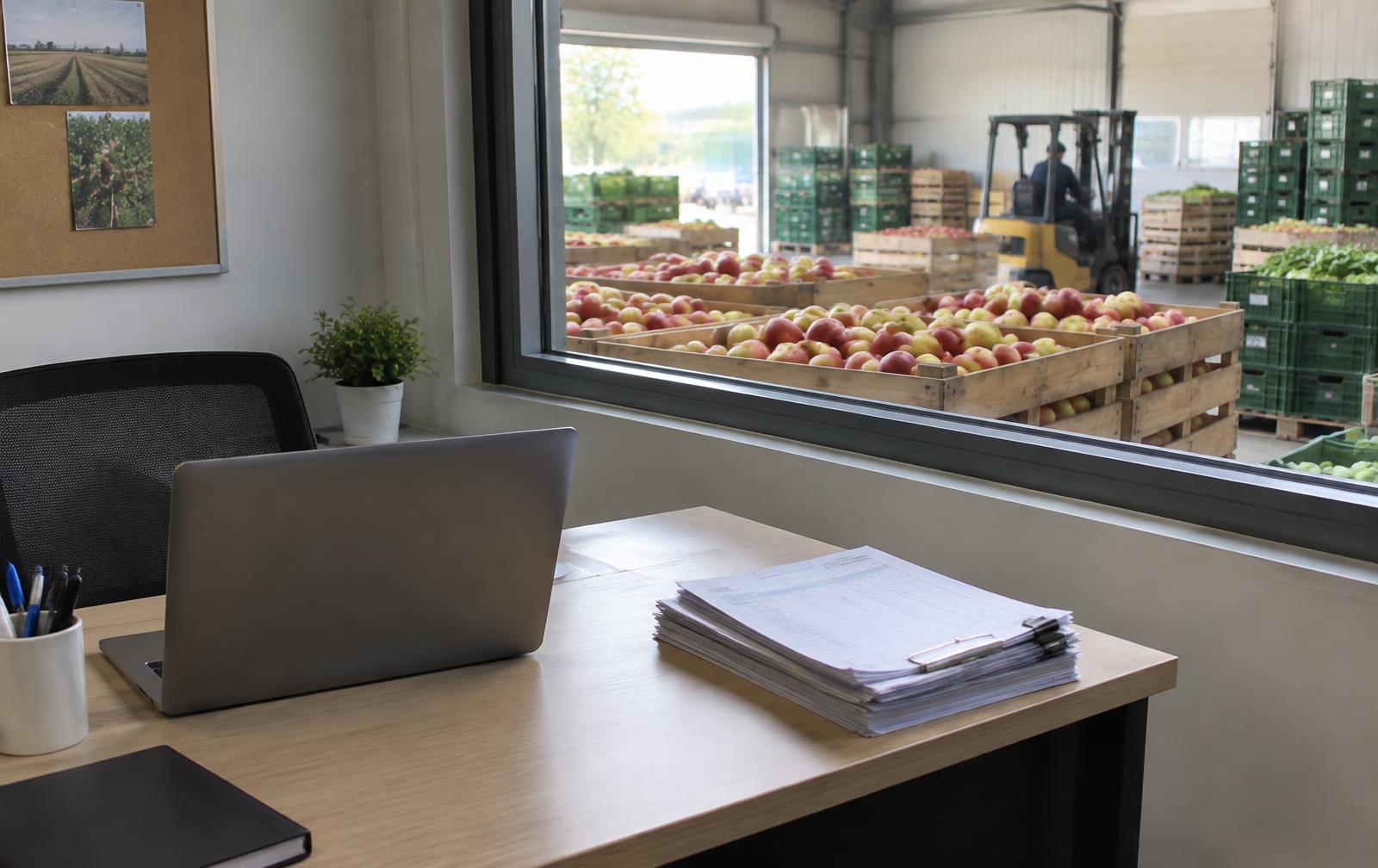 Bureau met laptop en stapel pakbonnen, met door het raam kisten appels in een loods