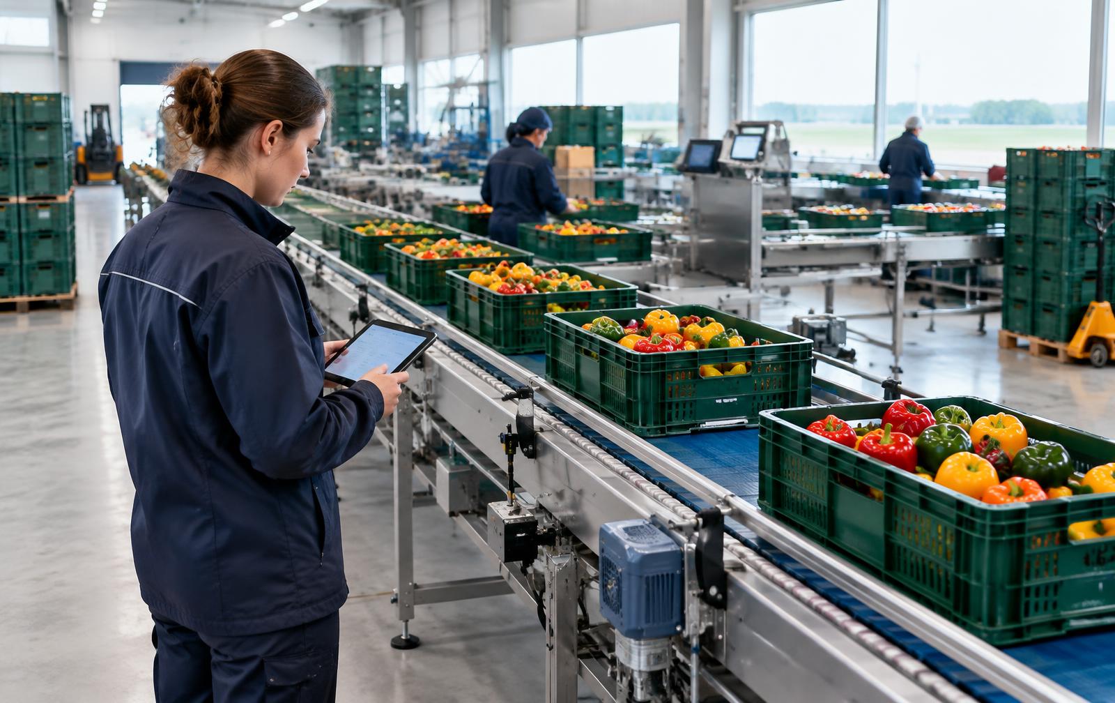 Medewerker met tablet naast een lopende band met kratten paprika in een verpakkingshal